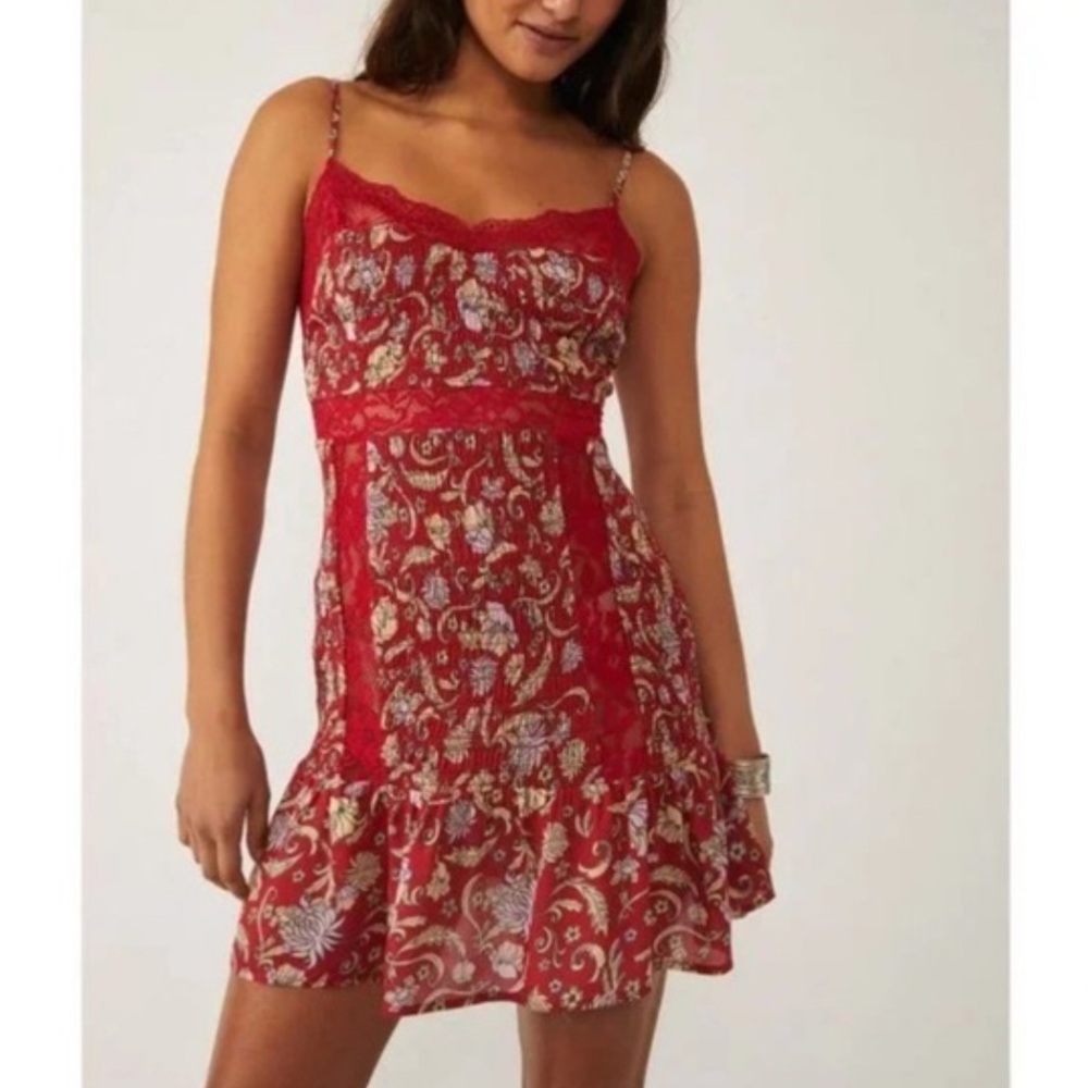 Free People Last Night Cherry Combo Mini Slip Dress